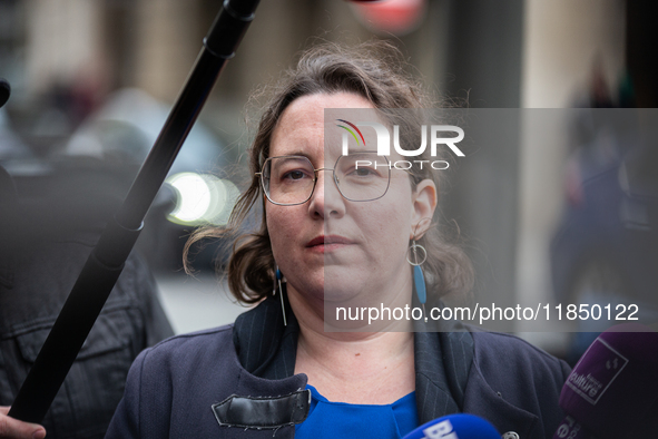 In Paris, France, on September 12, 2024, Cyrielle Chatelain, President of the Ecologiste et Social parliamentary group, talks to the press a...