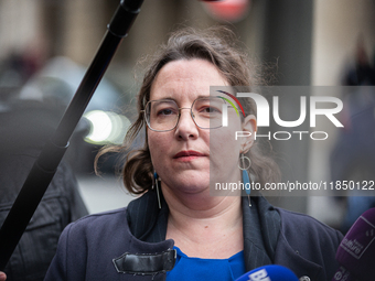 In Paris, France, on September 12, 2024, Cyrielle Chatelain, President of the Ecologiste et Social parliamentary group, talks to the press a...