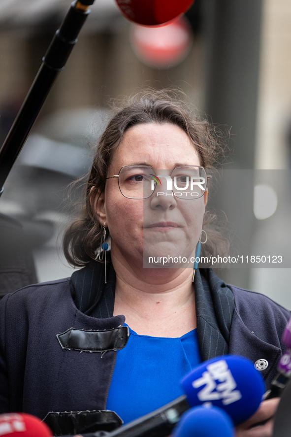 In Paris, France, on September 12, 2024, Cyrielle Chatelain, President of the Ecologiste et Social parliamentary group, talks to the press a...