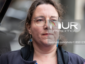 In Paris, France, on September 12, 2024, Cyrielle Chatelain, President of the Ecologiste et Social parliamentary group, talks to the press a...