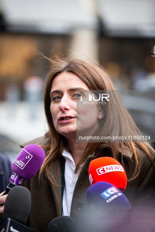 Marine Tondelier, National Secretary of Les Ecologistes group, talks to the press after the meeting with Emmanuel Macron at the Elysee Palac...