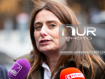 Marine Tondelier, National Secretary of Les Ecologistes group, talks to the press after the meeting with Emmanuel Macron at the Elysee Palac...