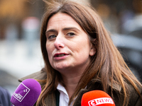 Marine Tondelier, National Secretary of Les Ecologistes group, talks to the press after the meeting with Emmanuel Macron at the Elysee Palac...