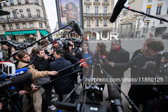 In Paris, France, on September 12, 2024, Cyrielle Chatelain, President of the Ecologistes at the National Assembly, Marine Tondelier, Nation...