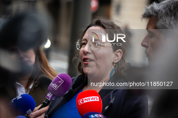 In Paris, France, on September 12, 2024, Cyrielle Chatelain, President of the Ecologiste et Social parliamentary group, talks to the press a...