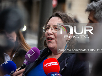 In Paris, France, on September 12, 2024, Cyrielle Chatelain, President of the Ecologiste et Social parliamentary group, talks to the press a...