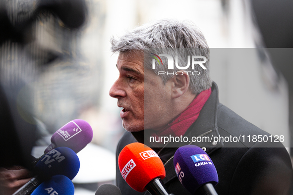 In Paris, France, on September 12, 2024, Guillaume Gontard, President of the Ecologistes at the Senat, talks to the press after the meeting...