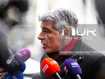 In Paris, France, on September 12, 2024, Guillaume Gontard, President of the Ecologistes at the Senat, talks to the press after the meeting...