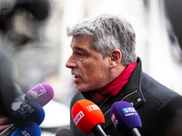 In Paris, France, on September 12, 2024, Guillaume Gontard, President of the Ecologistes at the Senat, talks to the press after the meeting...