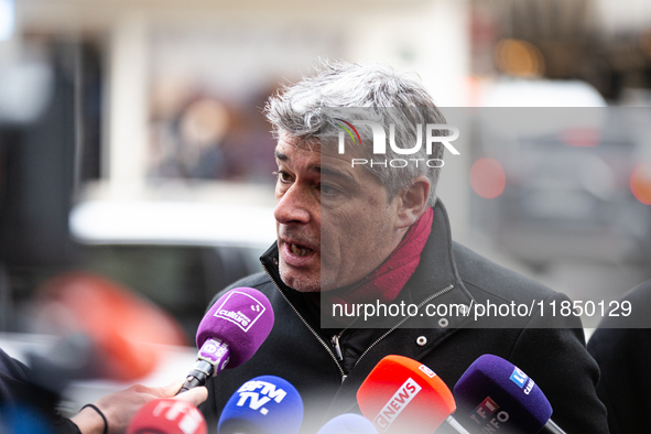 In Paris, France, on September 12, 2024, Guillaume Gontard, President of the Ecologistes at the Senat, talks to the press after the meeting...