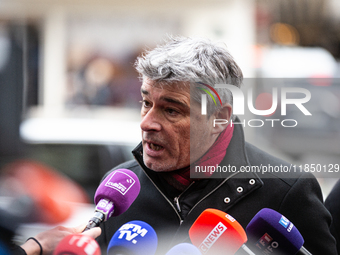 In Paris, France, on September 12, 2024, Guillaume Gontard, President of the Ecologistes at the Senat, talks to the press after the meeting...