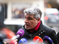 In Paris, France, on September 12, 2024, Guillaume Gontard, President of the Ecologistes at the Senat, talks to the press after the meeting...