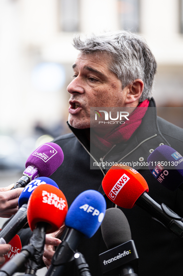 In Paris, France, on September 12, 2024, Guillaume Gontard, President of the Ecologistes at the Senat, talks to the press after the meeting...