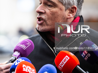 In Paris, France, on September 12, 2024, Guillaume Gontard, President of the Ecologistes at the Senat, talks to the press after the meeting...