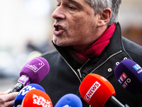 In Paris, France, on September 12, 2024, Guillaume Gontard, President of the Ecologistes at the Senat, talks to the press after the meeting...