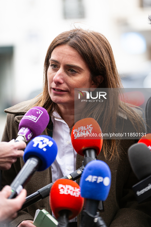 Marine Tondelier, National Secretary of Les Ecologistes group, talks to the press after the meeting with Emmanuel Macron at the Elysee Palac...