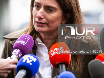 Marine Tondelier, National Secretary of Les Ecologistes group, talks to the press after the meeting with Emmanuel Macron at the Elysee Palac...