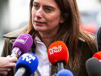 Marine Tondelier, National Secretary of Les Ecologistes group, talks to the press after the meeting with Emmanuel Macron at the Elysee Palac...