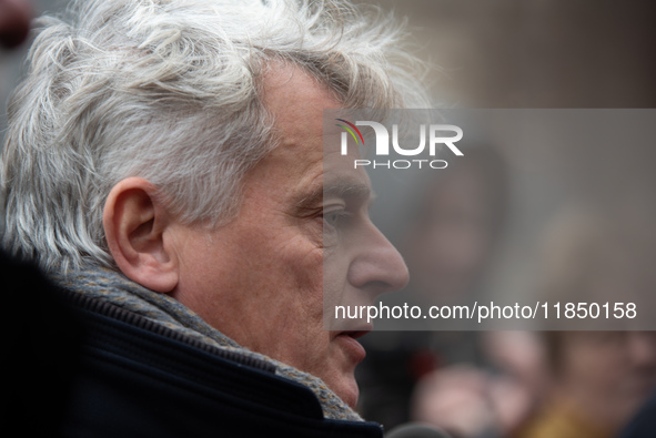 National Secretary of the French Communist Party Fabien Roussel speaks to the press outside the Elysee Palace following consultations with P...