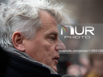 National Secretary of the French Communist Party Fabien Roussel speaks to the press outside the Elysee Palace following consultations with P...