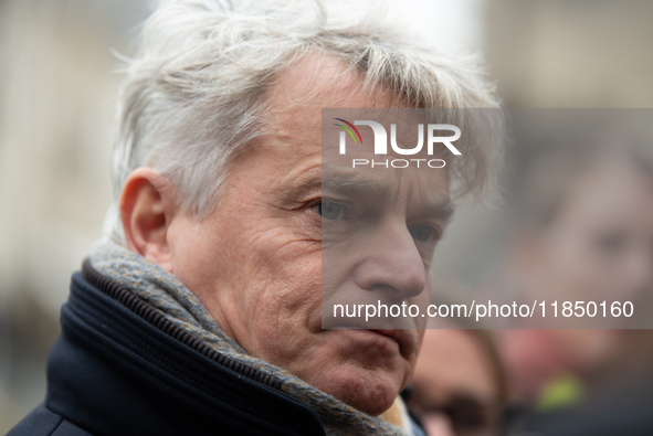 National Secretary of the French Communist Party Fabien Roussel speaks to the press outside the Elysee Palace following consultations with P...