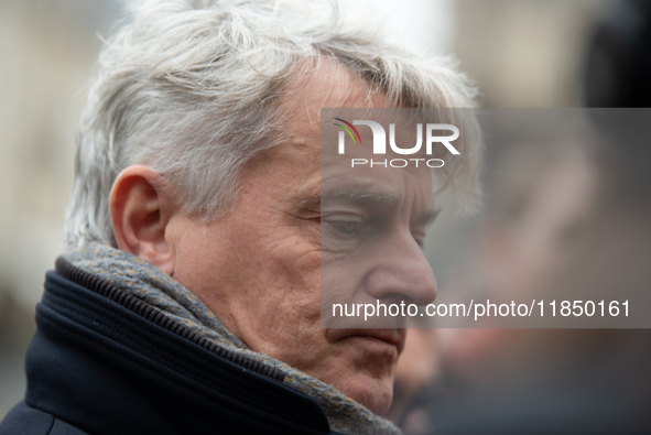 National Secretary of the French Communist Party Fabien Roussel speaks to the press outside the Elysee Palace following consultations with P...