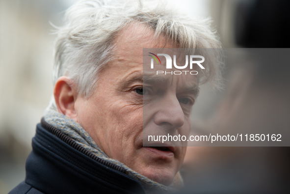 National Secretary of the French Communist Party Fabien Roussel speaks to the press outside the Elysee Palace following consultations with P...