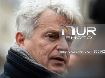 National Secretary of the French Communist Party Fabien Roussel speaks to the press outside the Elysee Palace following consultations with P...