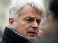 National Secretary of the French Communist Party Fabien Roussel speaks to the press outside the Elysee Palace following consultations with P...