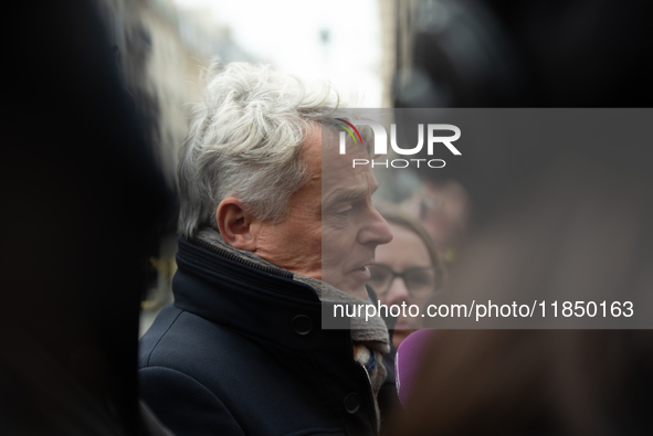 National Secretary of the French Communist Party Fabien Roussel speaks to the press outside the Elysee Palace following consultations with P...