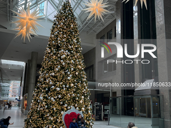 People pose for a photo by a large Christmas tree decorated in Toronto, Ontario, Canada, on December 8, 2024. (