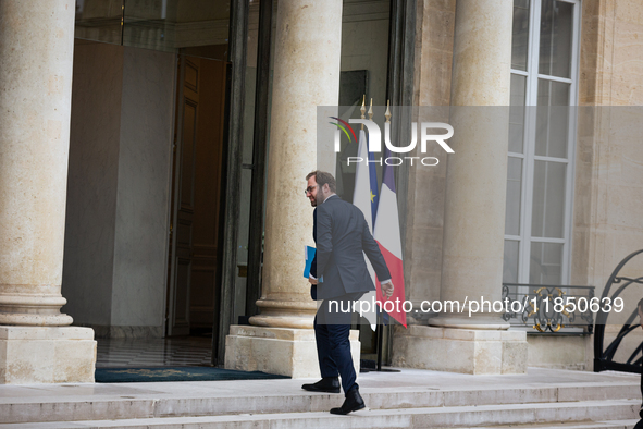 Antoine Armand, Minister for the Economy, Finance and Industry, arrives at the Elysee Palace to meet with French President Emmanuel Macron i...