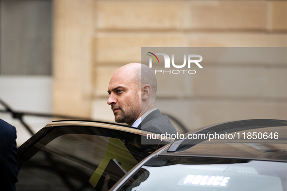 Jean-Noel Barrot, Minister for Europe and Foreign Affairs, arrives at the Elysee Palace to meet with French President Emmanuel Macron in Par...