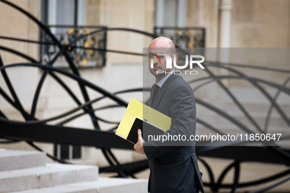 Jean-Noel Barrot, Minister for Europe and Foreign Affairs, arrives at the Elysee Palace to meet with French President Emmanuel Macron in Par...