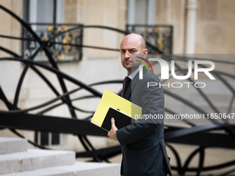 Jean-Noel Barrot, Minister for Europe and Foreign Affairs, arrives at the Elysee Palace to meet with French President Emmanuel Macron in Par...