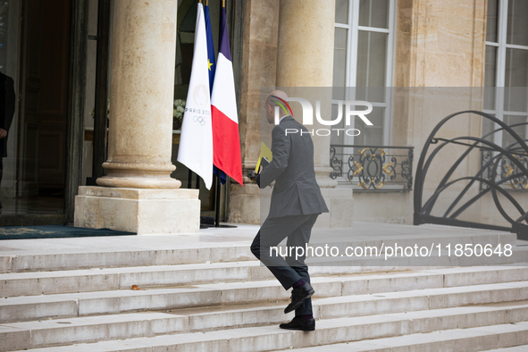 Jean-Noel Barrot, Minister for Europe and Foreign Affairs, arrives at the Elysee Palace to meet with French President Emmanuel Macron in Par...