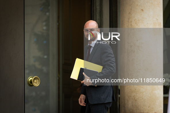 Jean-Noel Barrot, Minister for Europe and Foreign Affairs, arrives at the Elysee Palace to meet with French President Emmanuel Macron in Par...