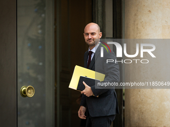 Jean-Noel Barrot, Minister for Europe and Foreign Affairs, arrives at the Elysee Palace to meet with French President Emmanuel Macron in Par...