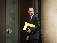 Jean-Noel Barrot, Minister for Europe and Foreign Affairs, arrives at the Elysee Palace to meet with French President Emmanuel Macron in Par...