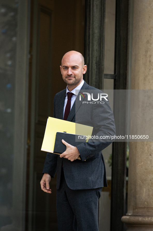 Jean-Noel Barrot, Minister for Europe and Foreign Affairs, arrives at the Elysee Palace to meet with French President Emmanuel Macron in Par...