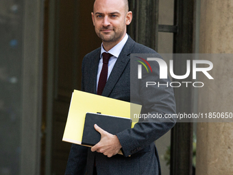 Jean-Noel Barrot, Minister for Europe and Foreign Affairs, arrives at the Elysee Palace to meet with French President Emmanuel Macron in Par...