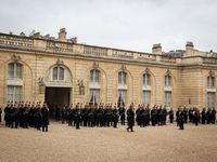 An illustration of the French Republican Guard is in the courtyard of the Elysee Palace in Paris, France, on September 12, 2024. (