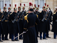 An illustration of the French Republican Guard is in the courtyard of the Elysee Palace in Paris, France, on September 12, 2024. (