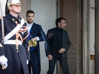 French President Emmanuel Macron stands at the entrance of the Elysee Palace before meeting with the President of Guinea-Bissau, Umaro Sisso...