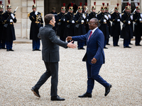 French President Emmanuel Macron welcomes Umaro Sissoco Embalo, the President of Guinea-Bissau, at the Elysee Palace in Paris, France, on Se...