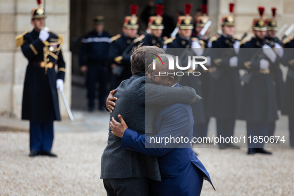 French President Emmanuel Macron welcomes Umaro Sissoco Embalo, the President of Guinea-Bissau, at the Elysee Palace in Paris, France, on Se...