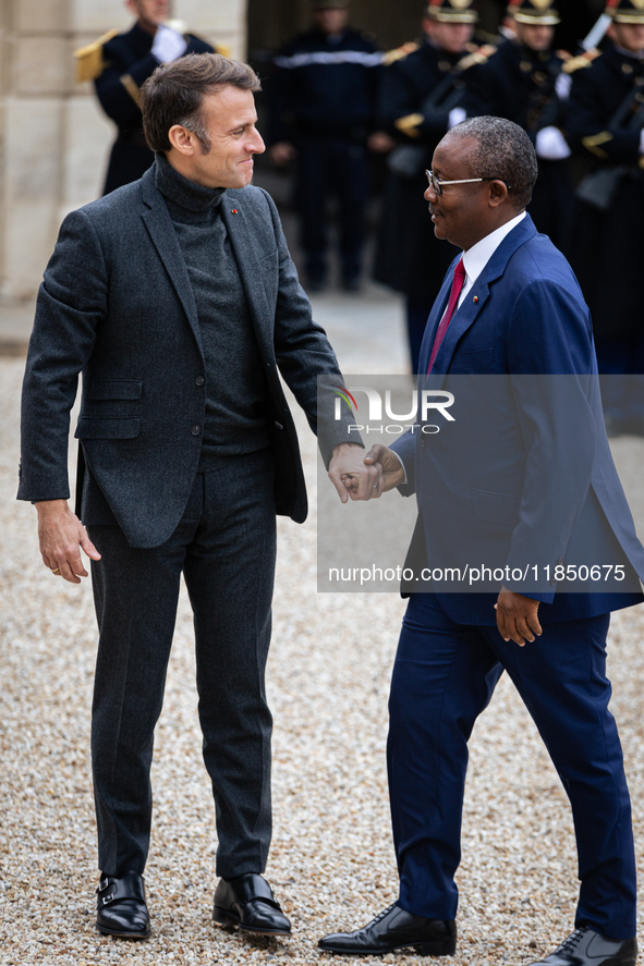 French President Emmanuel Macron welcomes Umaro Sissoco Embalo, the President of Guinea-Bissau, at the Elysee Palace in Paris, France, on Se...