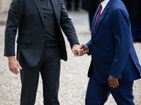 French President Emmanuel Macron welcomes Umaro Sissoco Embalo, the President of Guinea-Bissau, at the Elysee Palace in Paris, France, on Se...