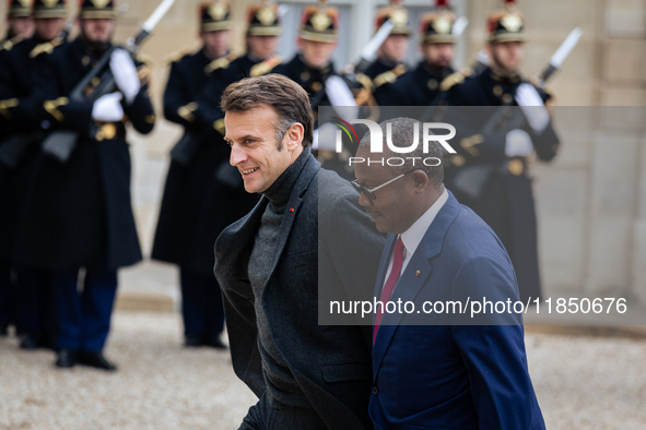 French President Emmanuel Macron welcomes Umaro Sissoco Embalo, the President of Guinea-Bissau, at the Elysee Palace in Paris, France, on Se...