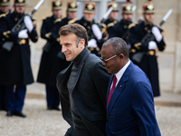 French President Emmanuel Macron welcomes Umaro Sissoco Embalo, the President of Guinea-Bissau, at the Elysee Palace in Paris, France, on Se...